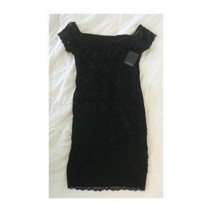 Marina black lace cap sleeve tiered cocktail dress